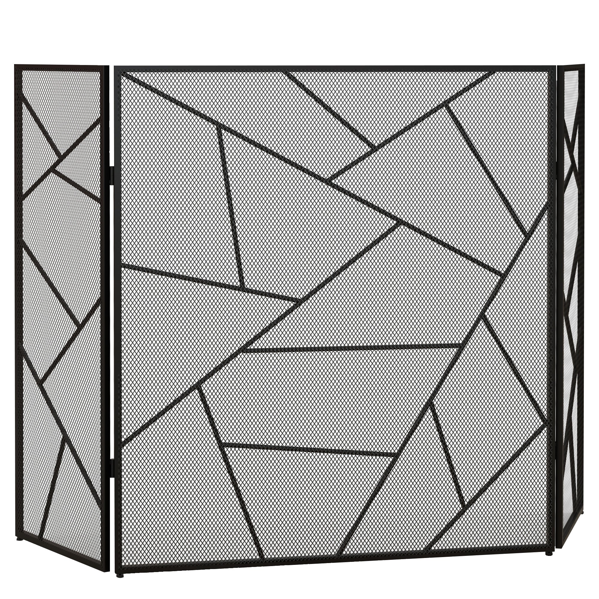 Folding Fireplace Screen 3 Panels, Fireplace Spark Guard, Fireplace Guard Mesh Steel with Geometric Design and Non-Slip Feet, 135L x 1.2W x 85H cm, black