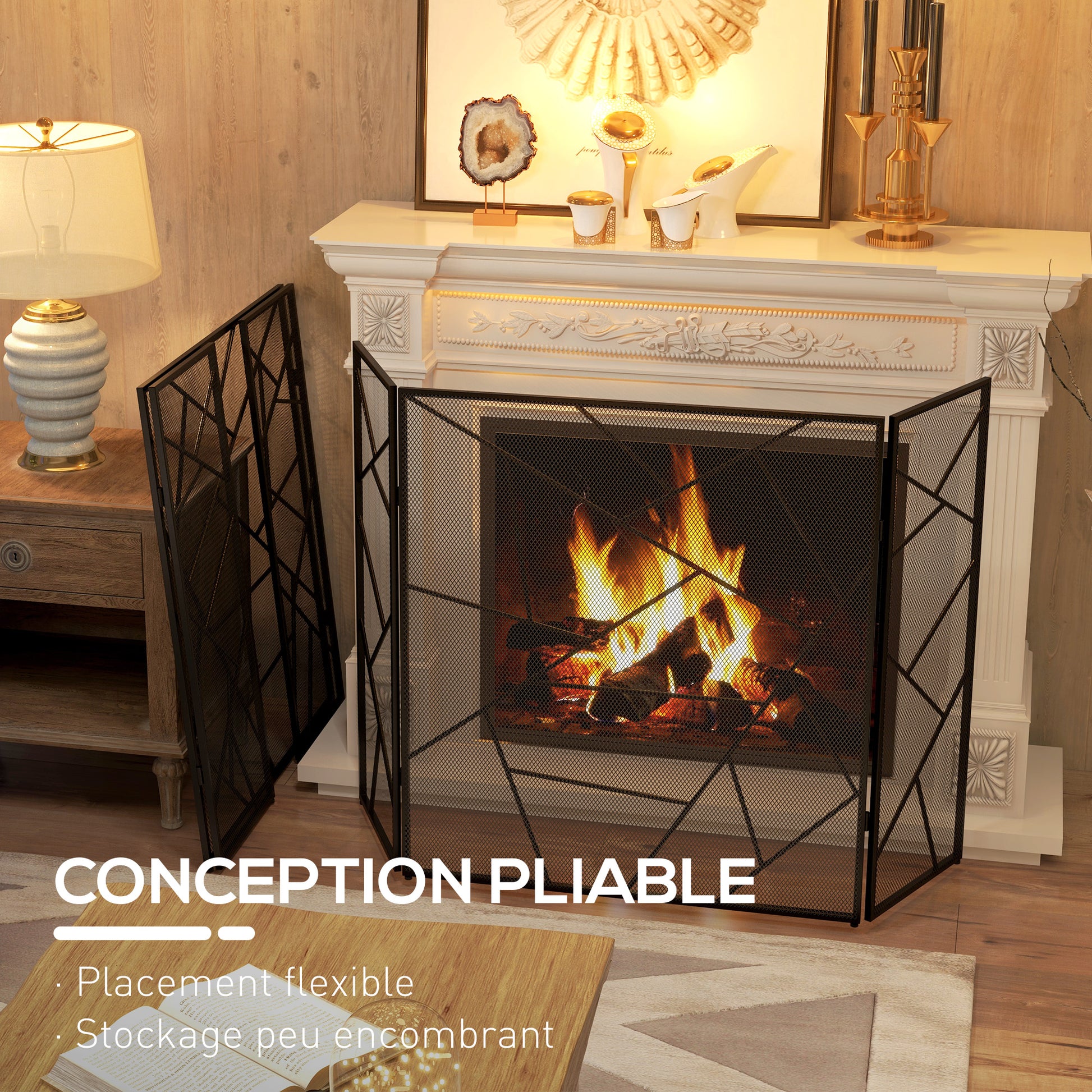Folding Fireplace Screen 3 Panels, Fireplace Spark Guard, Fireplace Guard Mesh Steel with Geometric Design and Non-Slip Feet, 135L x 1.2W x 85H cm, black