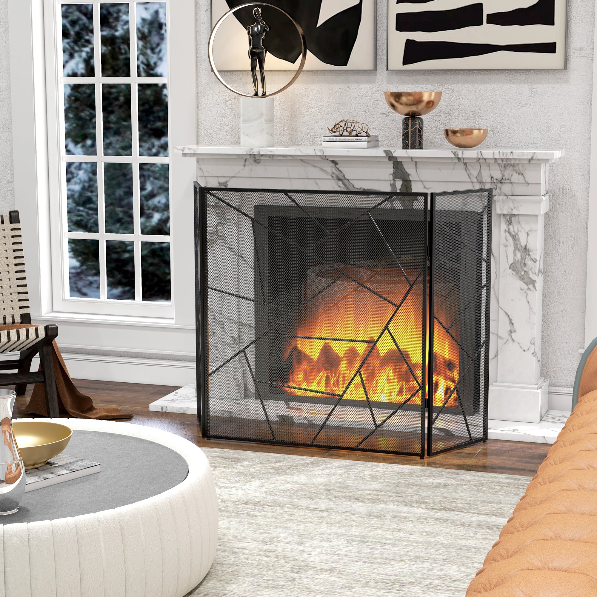 Folding Fireplace Screen 3 Panels, Fireplace Spark Guard, Fireplace Guard Mesh Steel with Geometric Design and Non-Slip Feet, 135L x 1.2W x 85H cm, black