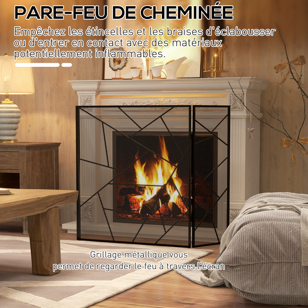 Folding Fireplace Screen 3 Panels, Fireplace Spark Guard, Fireplace Guard Mesh Steel with Geometric Design and Non-Slip Feet, 135L x 1.2W x 85H cm, black