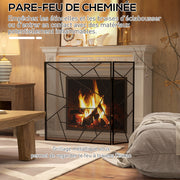 Folding Fireplace Screen 3 Panels, Fireplace Spark Guard, Fireplace Guard Mesh Steel with Geometric Design and Non-Slip Feet, 135L x 1.2W x 85H cm, black