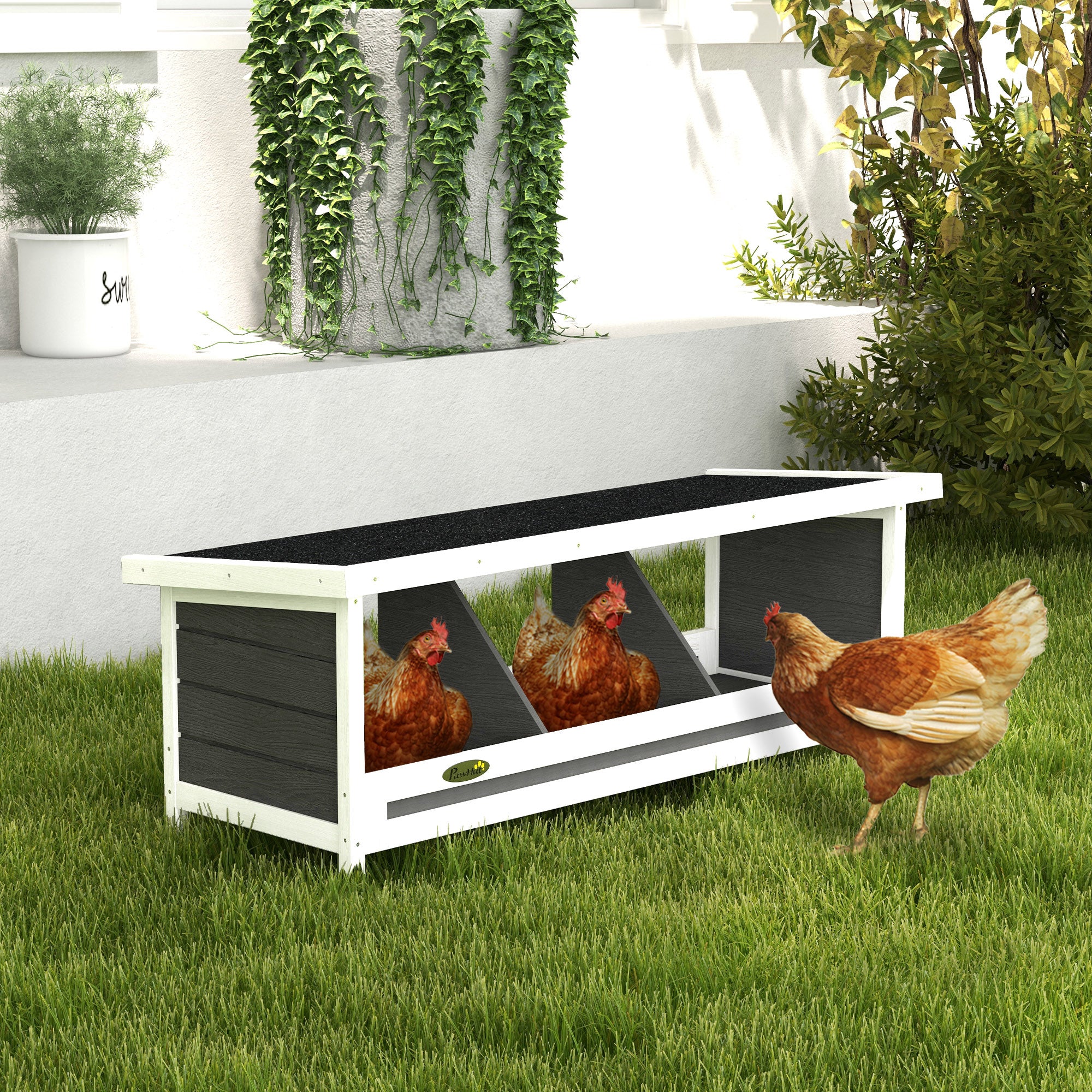 Chicken Laying Nest 3 Stalls with Asphalt Roof, Wood Construction, for Indoor and Outdoor Use, 95 x 37 x 34 cm, Gray Black