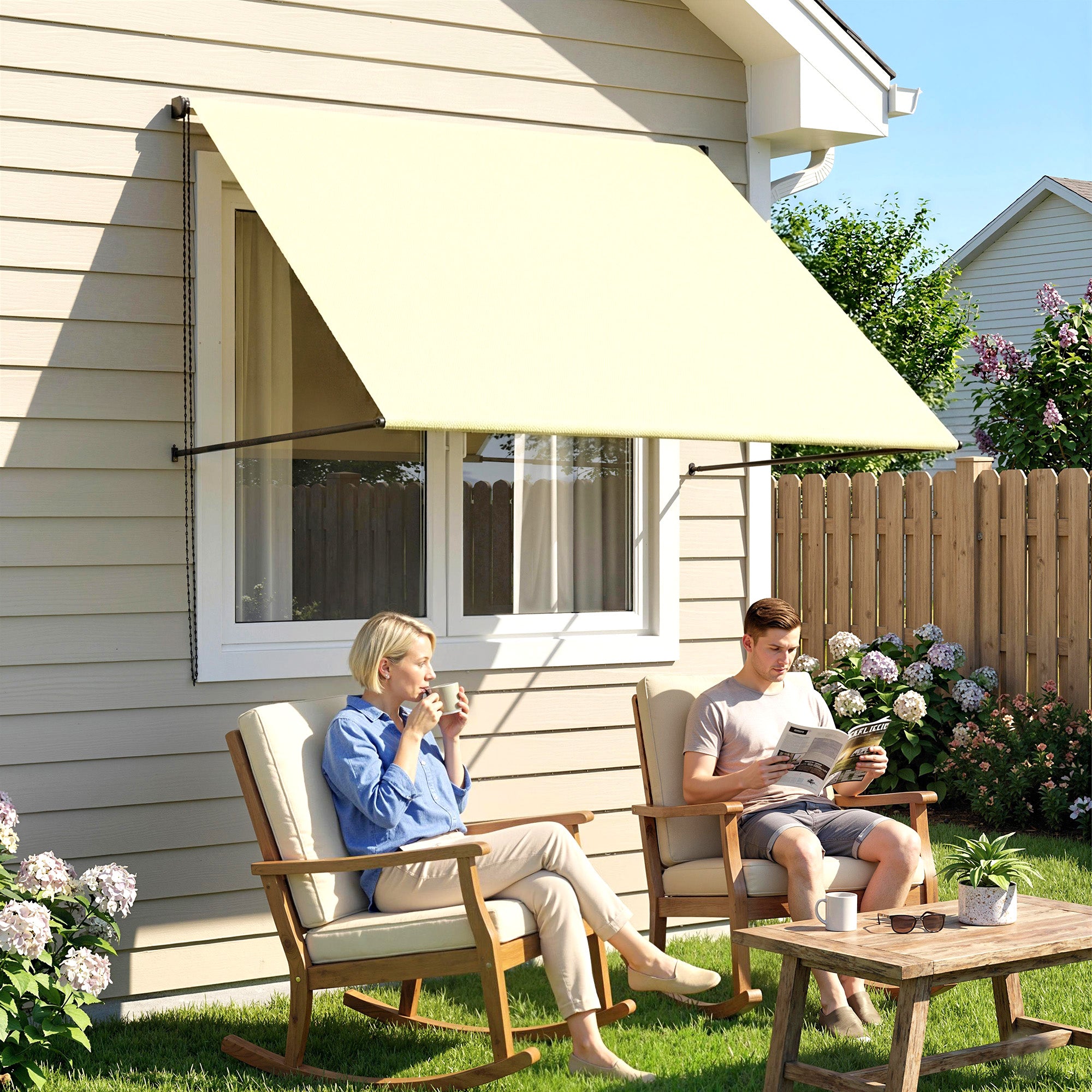 Manual Retractable Patio Awning, Adjustable Tilt, 150 x 116 cm (59 x 46 in), UV30+ Cream