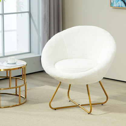 Bedroom Armchair in Faux Fur, Upholstered Living Room Armchair with Golden Metal Legs and Non-Slip Feet for Living Room, Dining Room, 75x66x79 cm, White