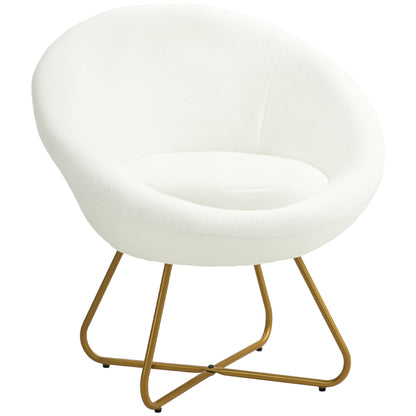Bedroom Armchair in Faux Fur, Upholstered Living Room Armchair with Golden Metal Legs and Non-Slip Feet for Living Room, Dining Room, 75x66x79 cm, White