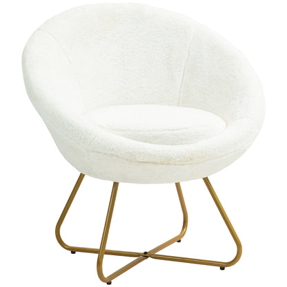Bedroom Armchair in Faux Fur, Upholstered Living Room Armchair with Golden Metal Legs and Non-Slip Feet for Living Room, Dining Room, 75x66x79 cm, White