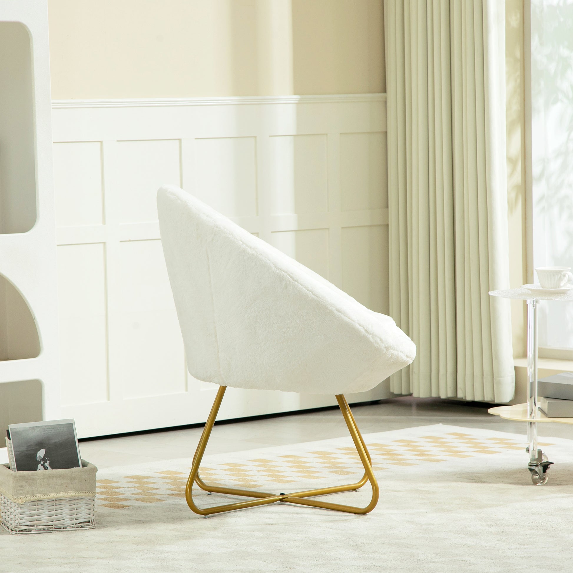 Bedroom Armchair in Faux Fur, Upholstered Living Room Armchair with Golden Metal Legs and Non-Slip Feet for Living Room, Dining Room, 75x66x79 cm, White