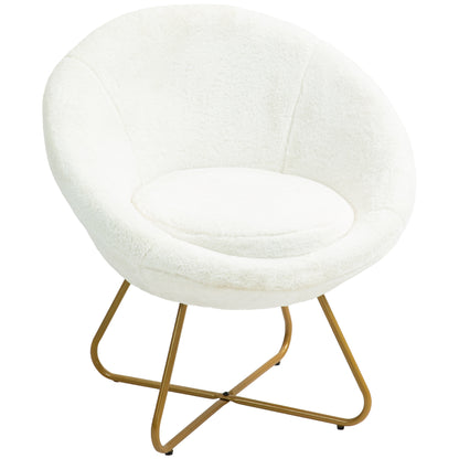 Bedroom Armchair in Faux Fur, Upholstered Living Room Armchair with Golden Metal Legs and Non-Slip Feet for Living Room, Dining Room, 75x66x79 cm, White
