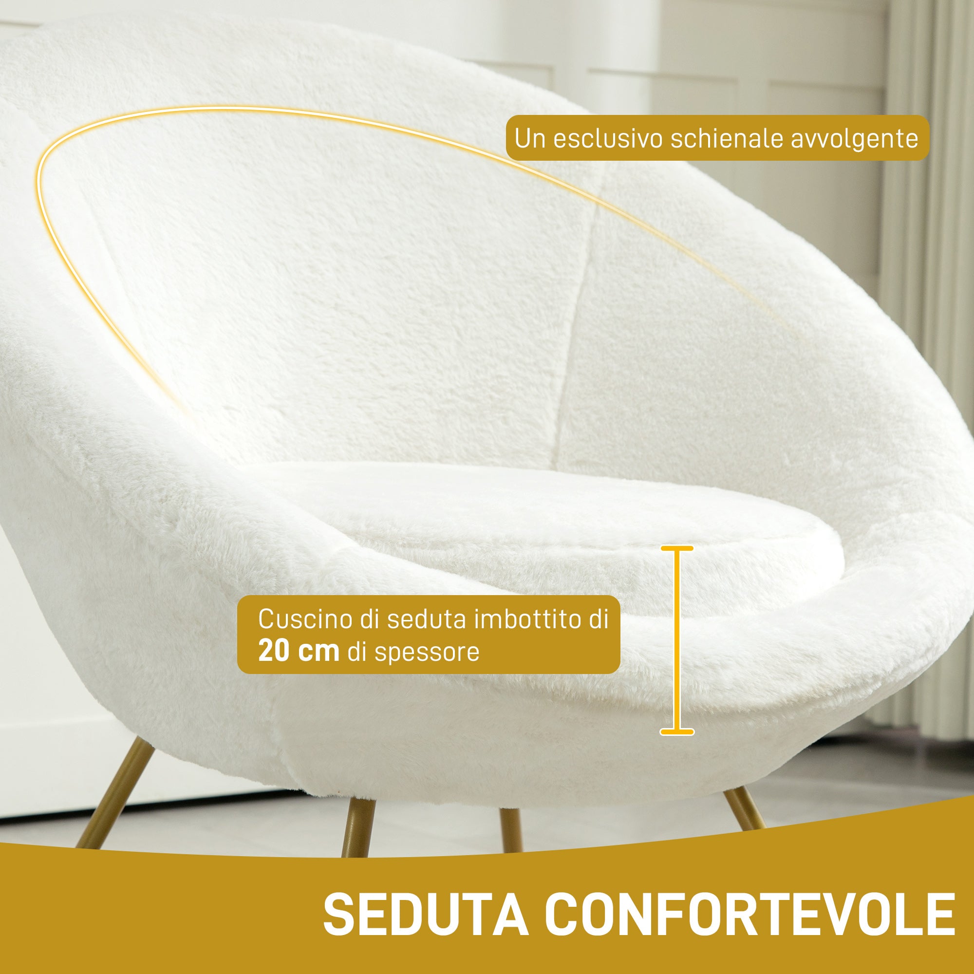 Bedroom Armchair in Faux Fur, Upholstered Living Room Armchair with Golden Metal Legs and Non-Slip Feet for Living Room, Dining Room, 75x66x79 cm, White