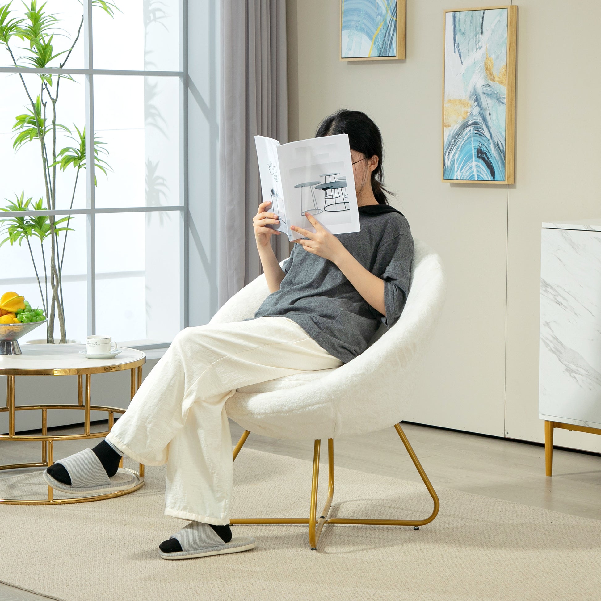 Bedroom Armchair in Faux Fur, Upholstered Living Room Armchair with Golden Metal Legs and Non-Slip Feet for Living Room, Dining Room, 75x66x79 cm, White