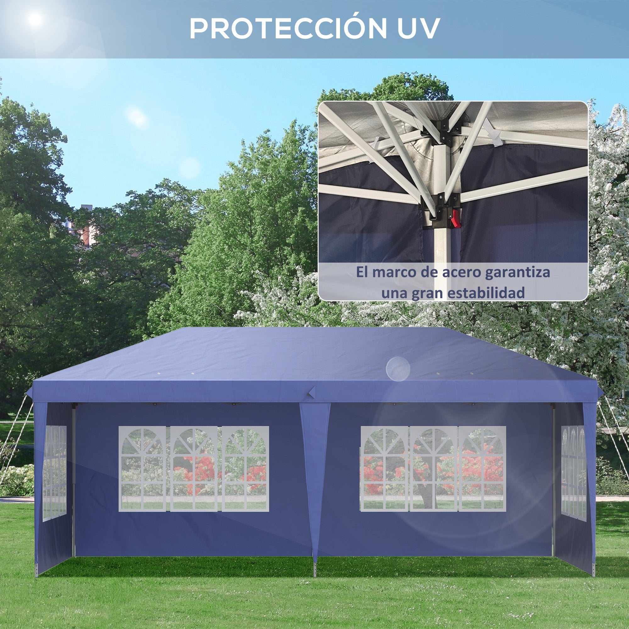 Folding Canopy 6x3 m with 4 Detachable Sides Garden Gazebo with 4 Visible Windows and Waterproof Carrying Bag for Outdoor Patio Terrace Blue