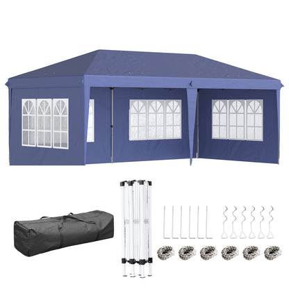 Folding Canopy 6x3 m with 4 Detachable Sides Garden Gazebo with 4 Visible Windows and Waterproof Carrying Bag for Outdoor Patio Terrace Blue