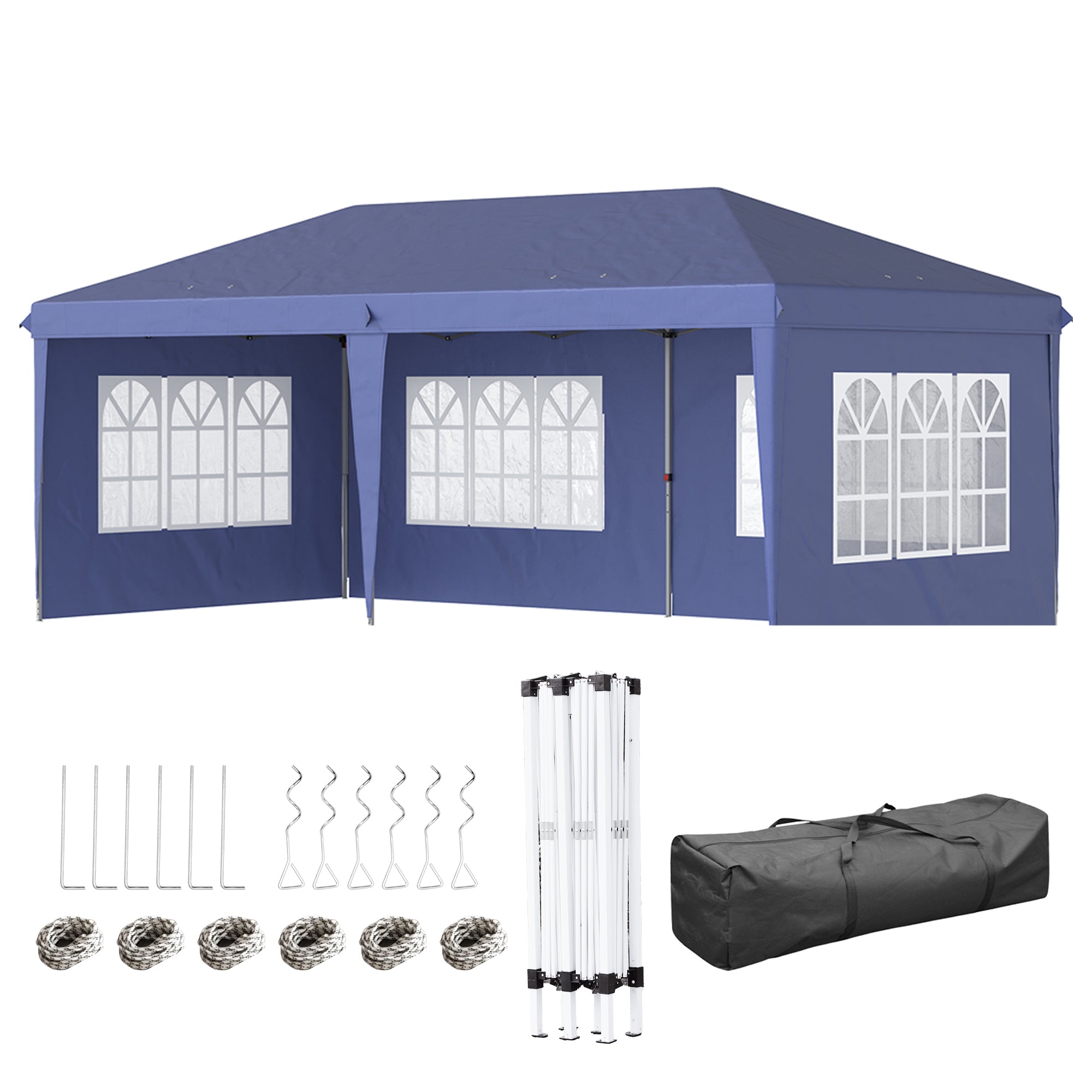 Folding Canopy 6x3 m with 4 Detachable Sides Garden Gazebo with 4 Visible Windows and Waterproof Carrying Bag for Outdoor Patio Terrace Blue