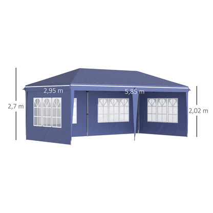 Folding Canopy 6x3 m with 4 Detachable Sides Garden Gazebo with 4 Visible Windows and Waterproof Carrying Bag for Outdoor Patio Terrace Blue