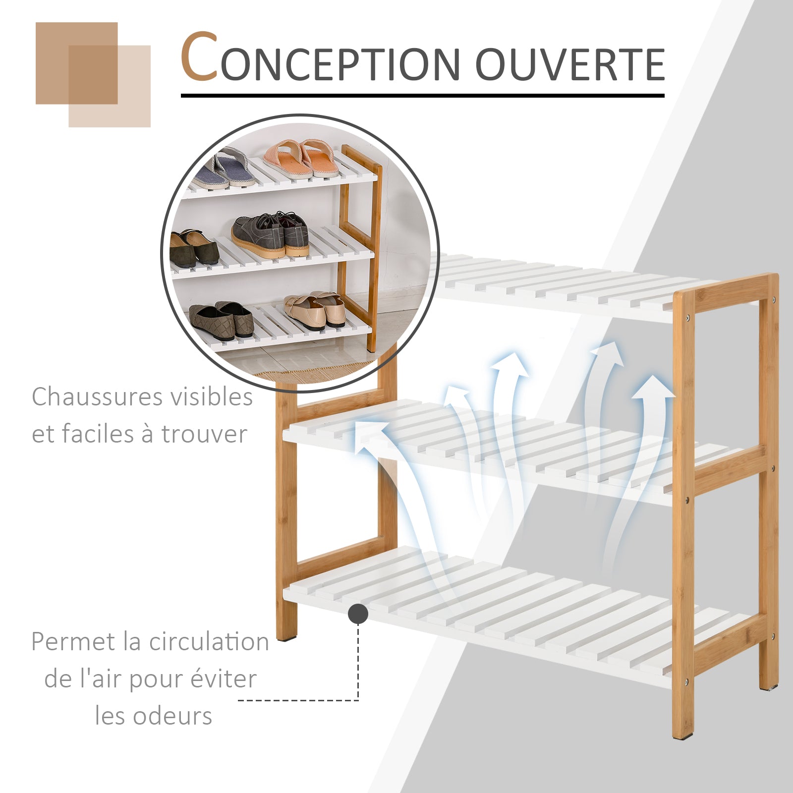 Shoe Rack, Storage Shelf, 3-Tier Shoe Cabinet Bamboo MDF White