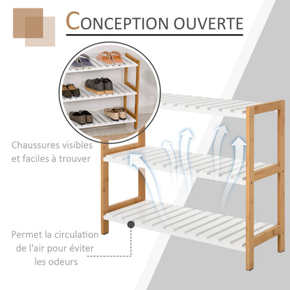 Shoe Rack, Storage Shelf, 3-Tier Shoe Cabinet Bamboo MDF White