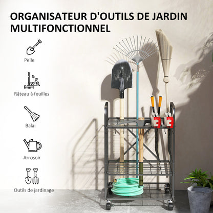 Garden Tool Organizer with 9 Hooks, 40-Compartment Garden Tool Holder, Metal Garage Tool Rack on Wheels for Pruners, Shovels, Rakes, Black