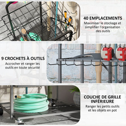 Garden Tool Organizer with 9 Hooks, 40-Compartment Garden Tool Holder, Metal Garage Tool Rack on Wheels for Pruners, Shovels, Rakes, Black