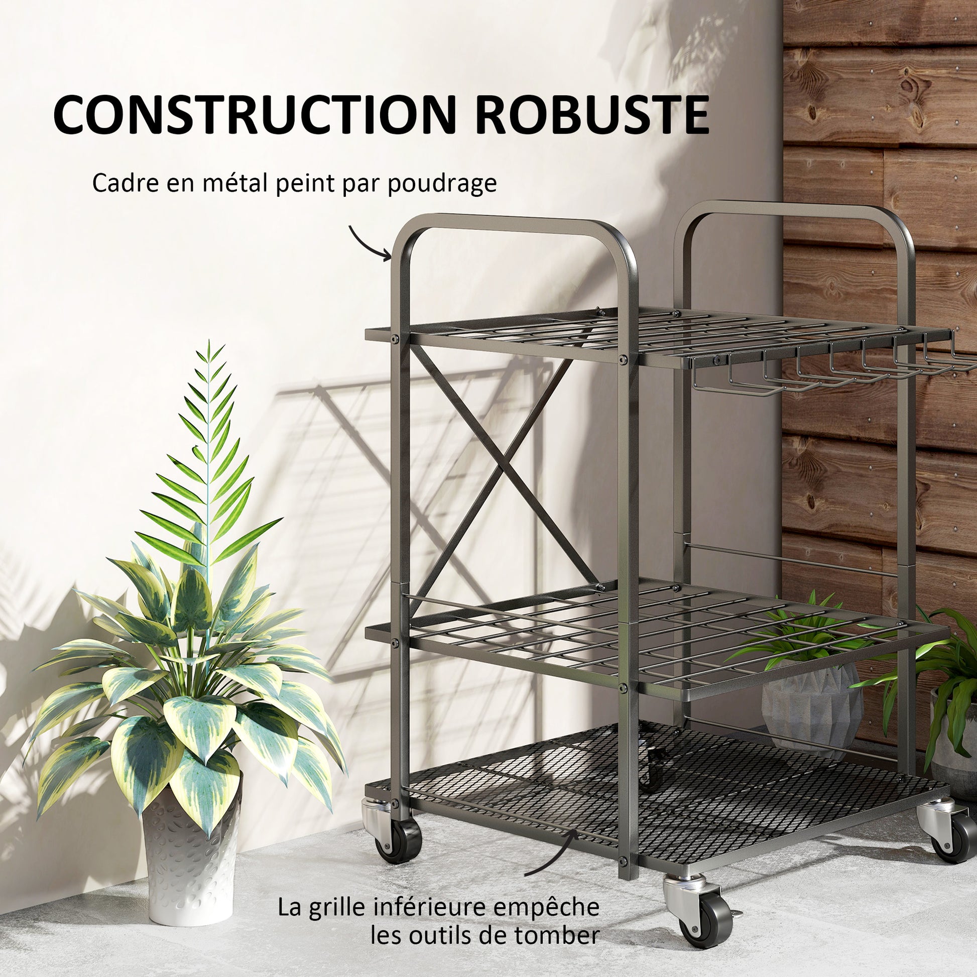 Garden Tool Organizer with 9 Hooks, 40-Compartment Garden Tool Holder, Metal Garage Tool Rack on Wheels for Pruners, Shovels, Rakes, Black