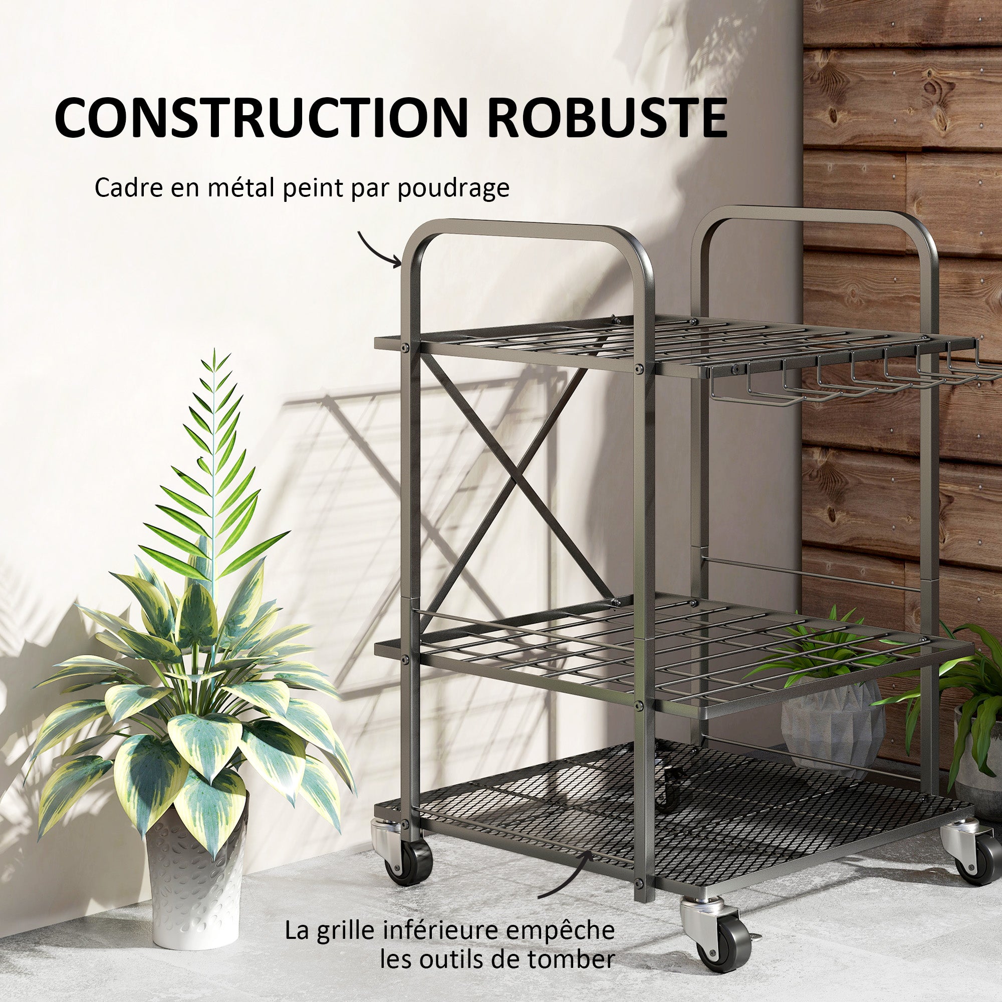 Garden Tool Organizer with 9 Hooks, 40-Compartment Garden Tool Holder, Metal Garage Tool Rack on Wheels for Pruners, Shovels, Rakes, Black