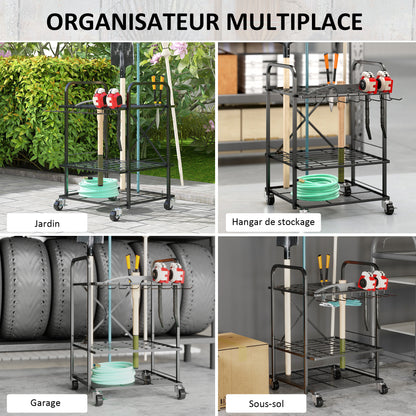 Garden Tool Organizer with 9 Hooks, 40-Compartment Garden Tool Holder, Metal Garage Tool Rack on Wheels for Pruners, Shovels, Rakes, Black