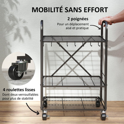 Garden Tool Organizer with 9 Hooks, 40-Compartment Garden Tool Holder, Metal Garage Tool Rack on Wheels for Pruners, Shovels, Rakes, Black