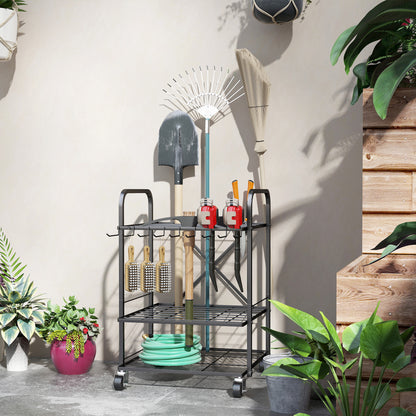 Garden Tool Organizer with 9 Hooks, 40-Compartment Garden Tool Holder, Metal Garage Tool Rack on Wheels for Pruners, Shovels, Rakes, Black