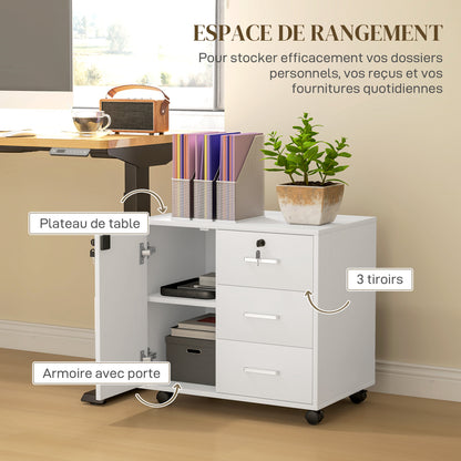 Office Drawer Storage Cabinet with 3 Drawers and Adjustable Shelf, Lockable Office Storage Cabinet on Wheels, dim. 40 x 60 x 56 cm, white