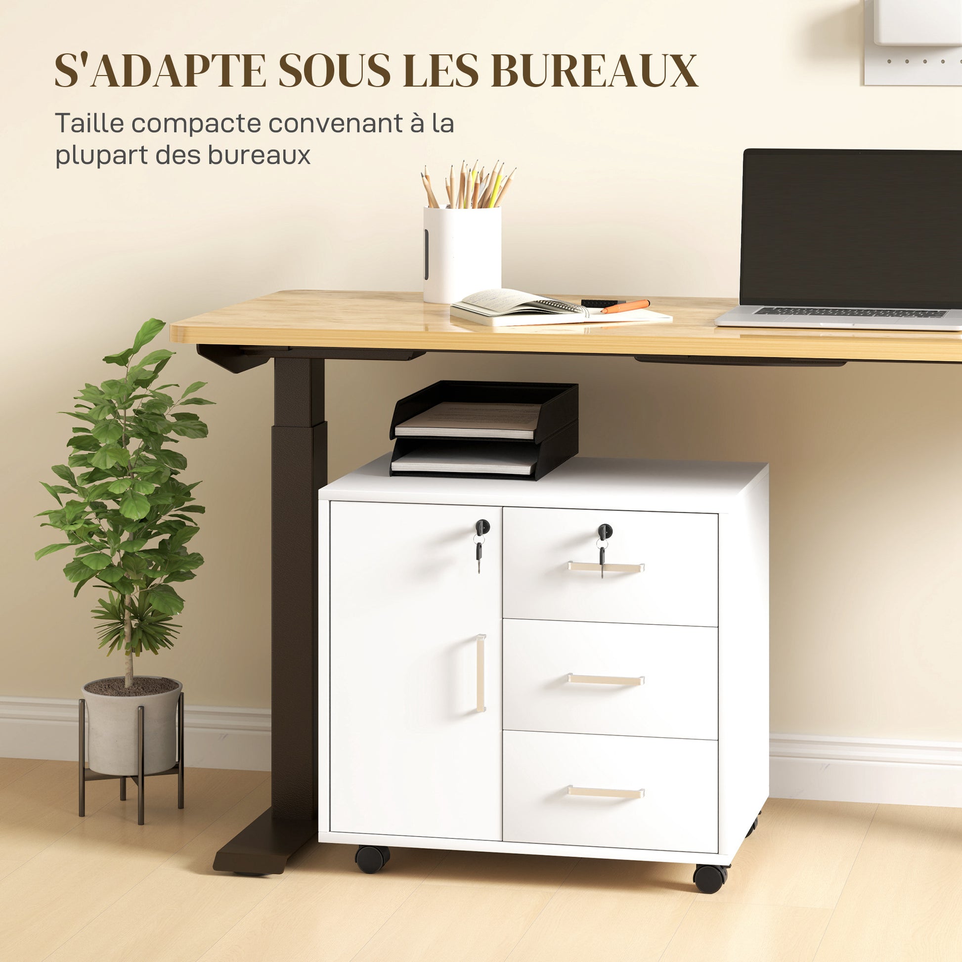 Office Drawer Storage Cabinet with 3 Drawers and Adjustable Shelf, Lockable Office Storage Cabinet on Wheels, dim. 40 x 60 x 56 cm, white