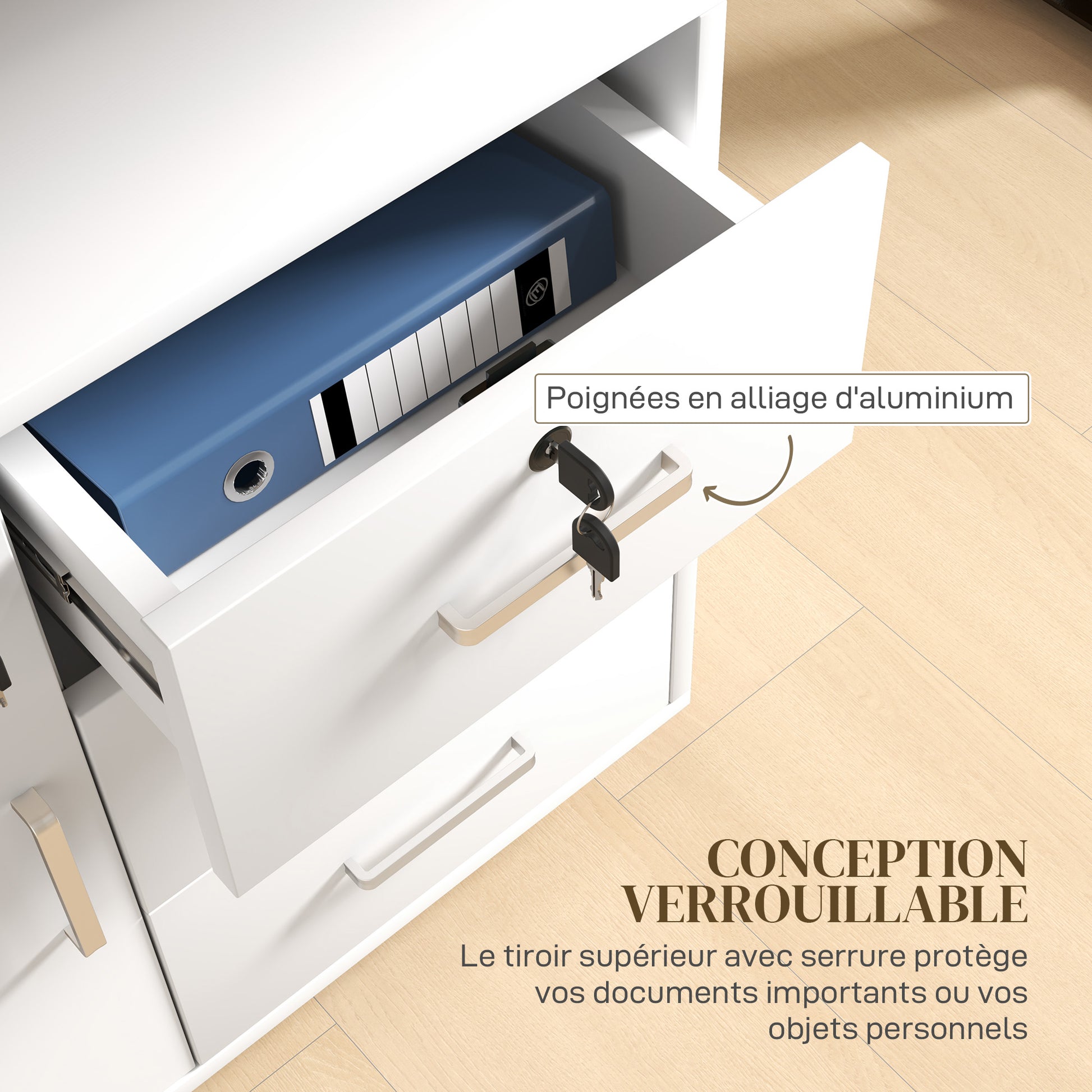 Office Drawer Storage Cabinet with 3 Drawers and Adjustable Shelf, Lockable Office Storage Cabinet on Wheels, dim. 40 x 60 x 56 cm, white