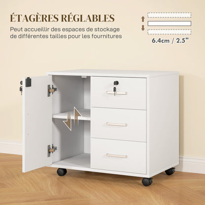 Office Drawer Storage Cabinet with 3 Drawers and Adjustable Shelf, Lockable Office Storage Cabinet on Wheels, dim. 40 x 60 x 56 cm, white