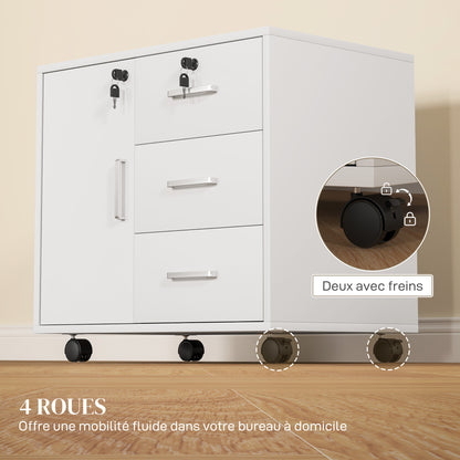 Office Drawer Storage Cabinet with 3 Drawers and Adjustable Shelf, Lockable Office Storage Cabinet on Wheels, dim. 40 x 60 x 56 cm, white