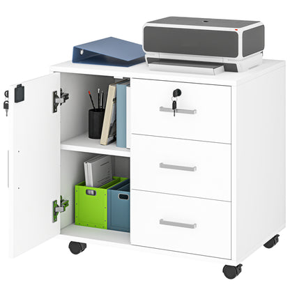 Office Drawer Storage Cabinet with 3 Drawers and Adjustable Shelf, Lockable Office Storage Cabinet on Wheels, dim. 40 x 60 x 56 cm, white