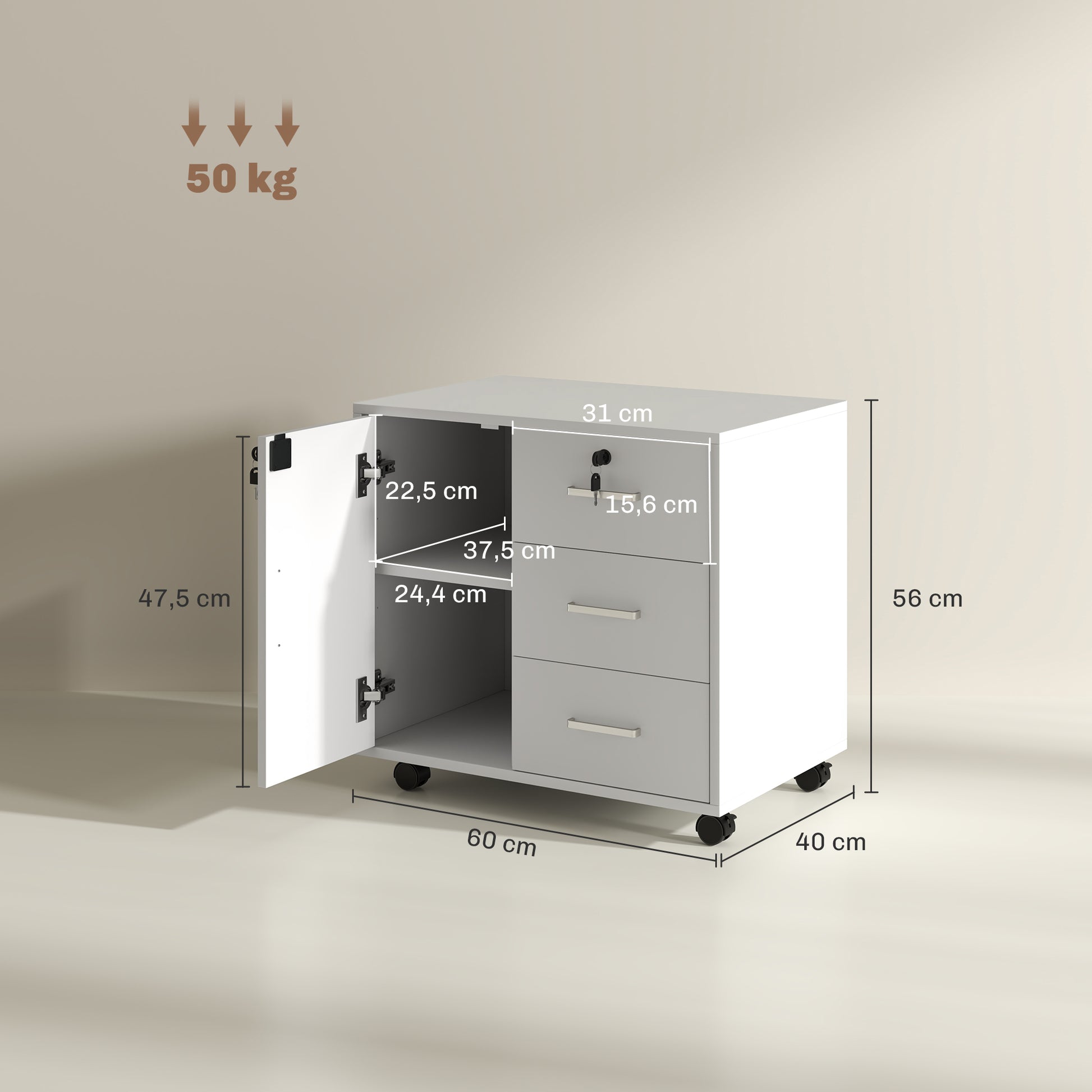Office Drawer Storage Cabinet with 3 Drawers and Adjustable Shelf, Lockable Office Storage Cabinet on Wheels, dim. 40 x 60 x 56 cm, white