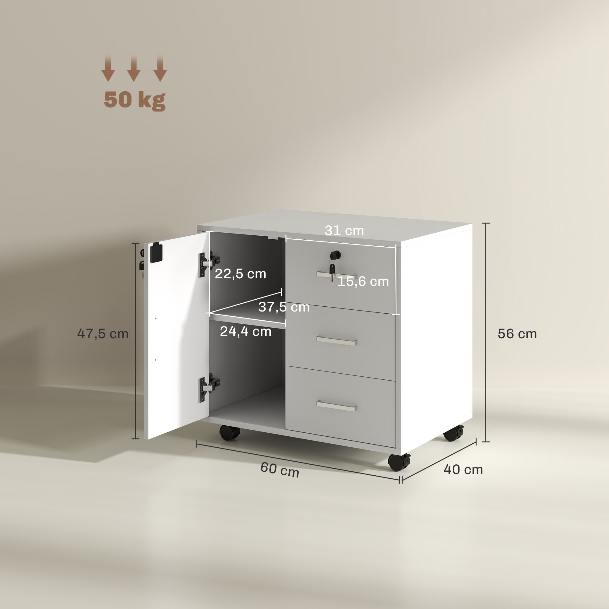 Office Drawer Storage Cabinet with 3 Drawers and Adjustable Shelf, Lockable Office Storage Cabinet on Wheels, dim. 40 x 60 x 56 cm, white