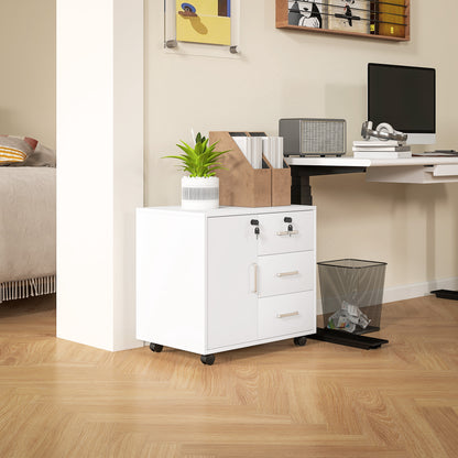 Office Drawer Storage Cabinet with 3 Drawers and Adjustable Shelf, Lockable Office Storage Cabinet on Wheels, dim. 40 x 60 x 56 cm, white