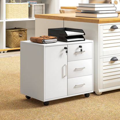 Office Drawer Storage Cabinet with 3 Drawers and Adjustable Shelf, Lockable Office Storage Cabinet on Wheels, dim. 40 x 60 x 56 cm, white