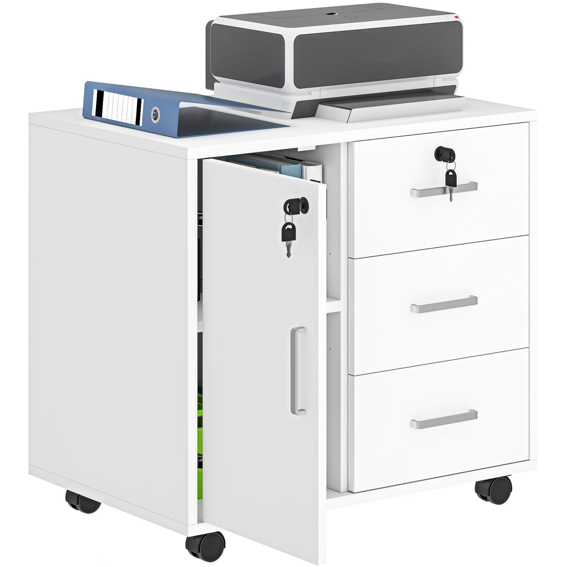 Office Drawer Storage Cabinet with 3 Drawers and Adjustable Shelf, Lockable Office Storage Cabinet on Wheels, dim. 40 x 60 x 56 cm, white