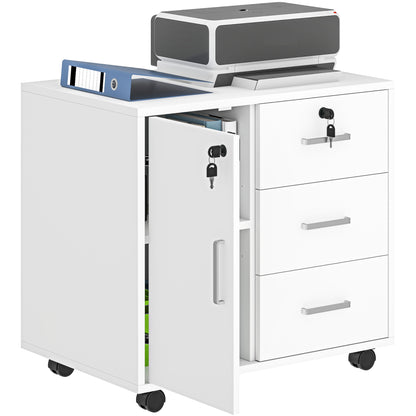 Office Drawer Storage Cabinet with 3 Drawers and Adjustable Shelf, Lockable Office Storage Cabinet on Wheels, dim. 40 x 60 x 56 cm, white