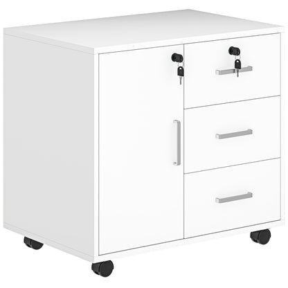 Office Drawer Storage Cabinet with 3 Drawers and Adjustable Shelf, Lockable Office Storage Cabinet on Wheels, dim. 40 x 60 x 56 cm, white
