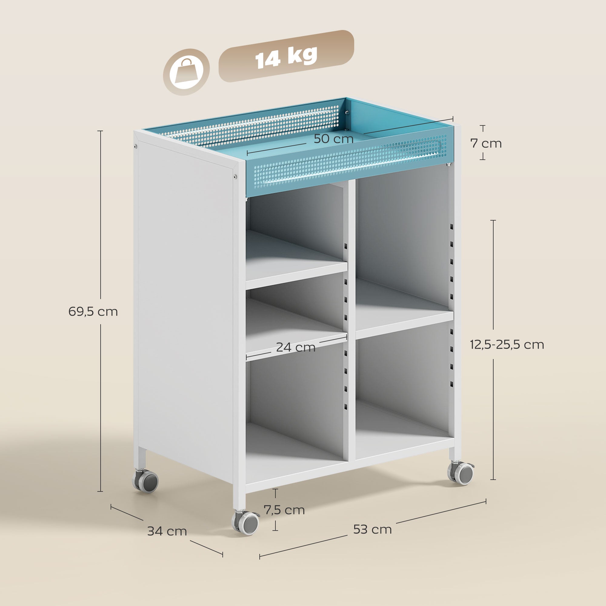 4-Tier Rolling Bookshelf Cart with Adjustable Shelves, Hanging Baskets & Hooks — White