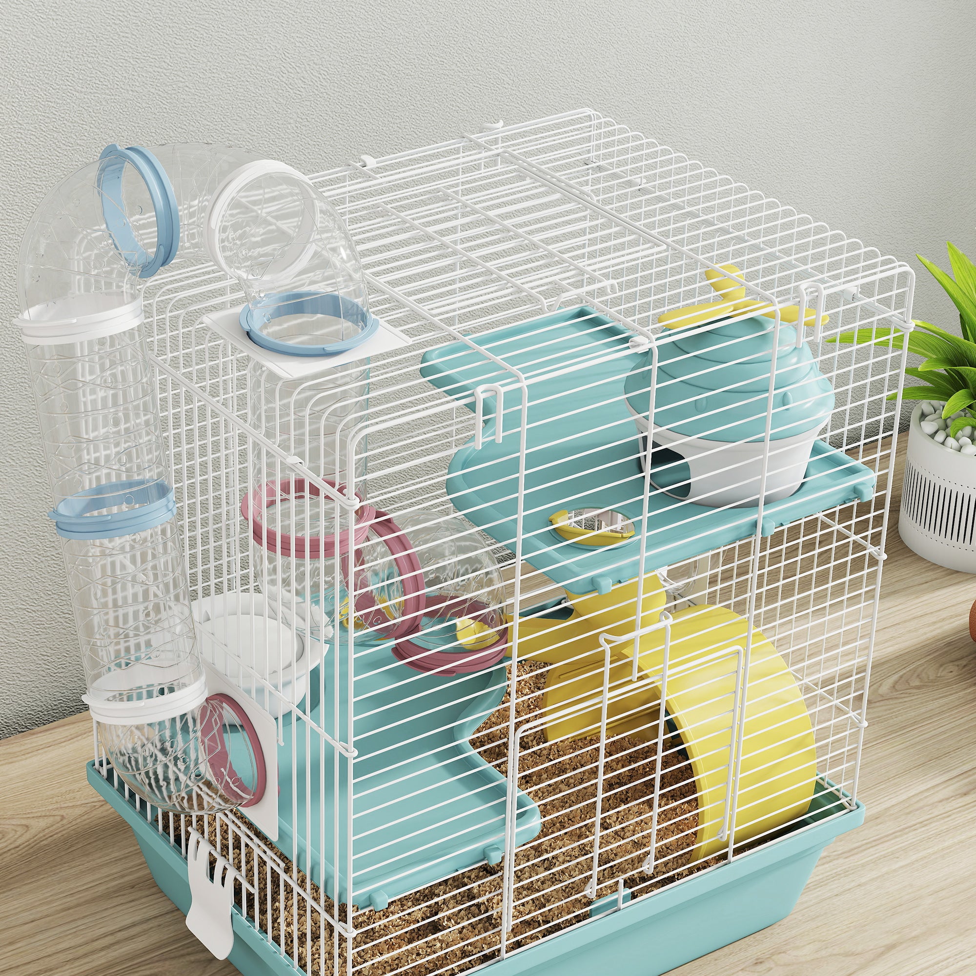 3-Level Hamster Cage with Exercise Wheel, Play Tunnels, Hideout & Bowl — For Dwarf Hamsters & Gerbils, 13.6 x 10.8 x 16.1 in, Blue