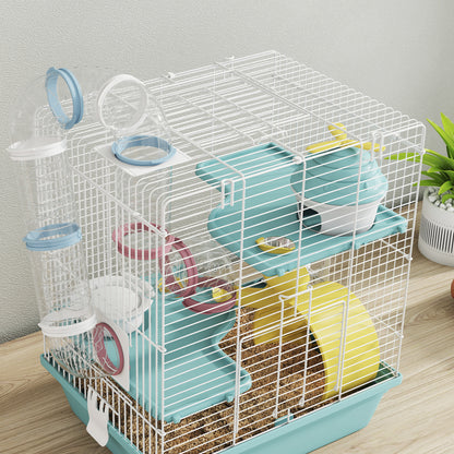 3-Level Hamster Cage with Exercise Wheel, Play Tunnels, Hideout & Bowl — For Dwarf Hamsters & Gerbils, 13.6 x 10.8 x 16.1 in, Blue