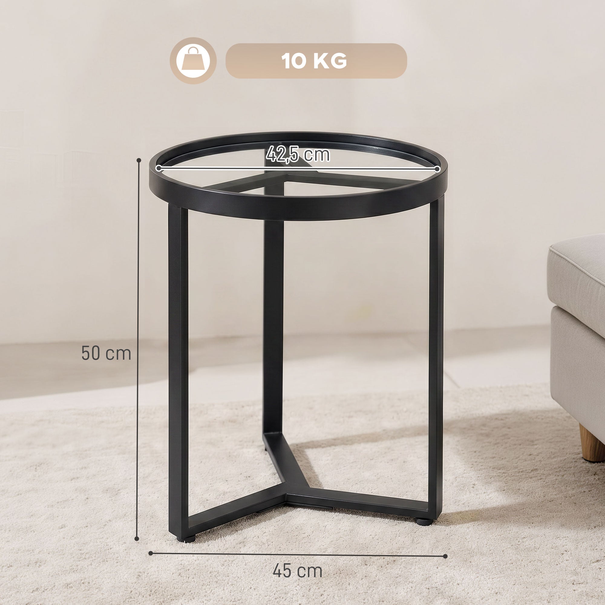 Round Glass Side Table with Geometric Metal Frame, Modern Accent Table for Small Spaces, Living Room & Bedroom, Black