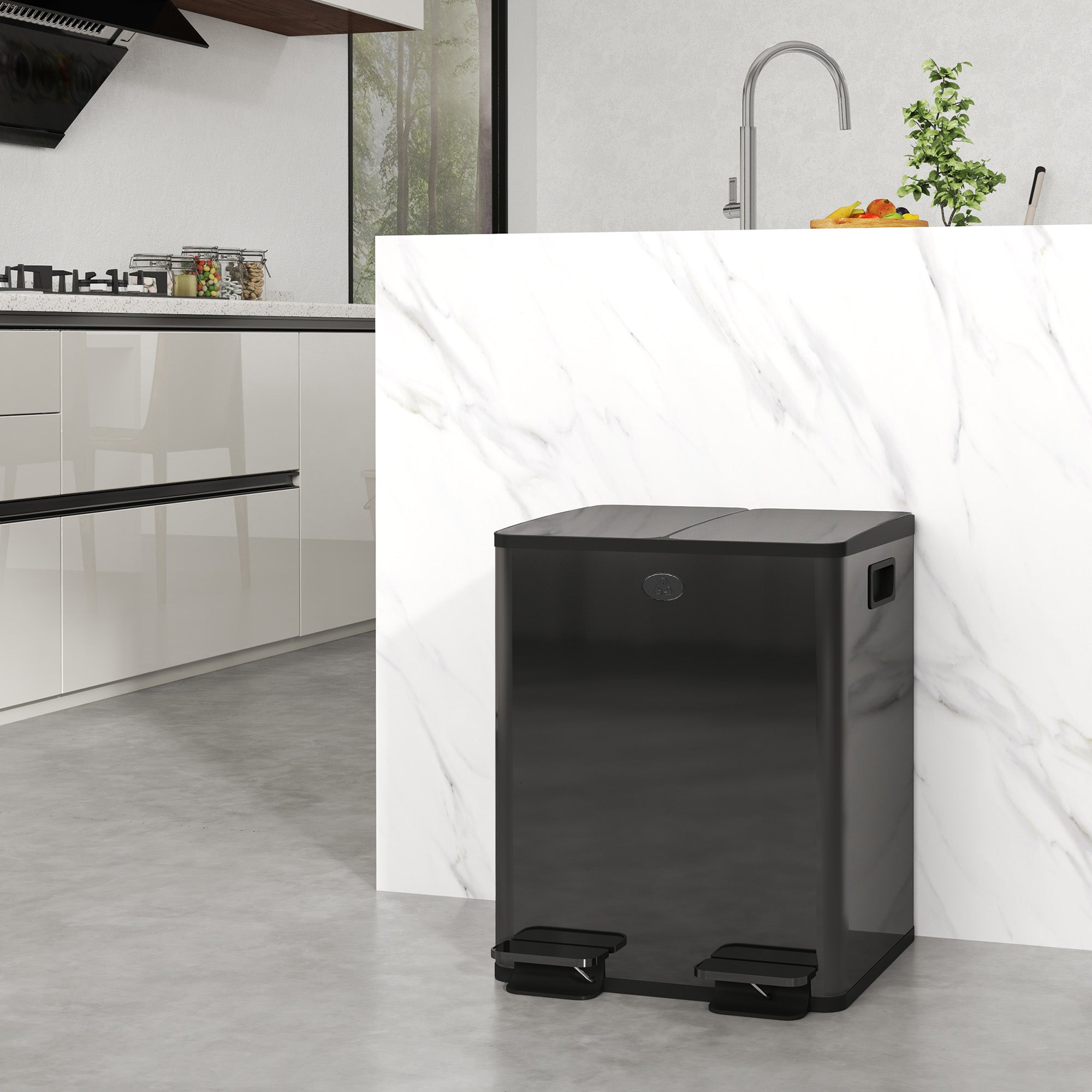 Dual 2 x 20L Stainless Steel Trash Can — Soft-Close Lids, Removable Inner Buckets, Black