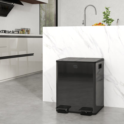 Dual 2 x 20L Stainless Steel Trash Can — Soft-Close Lids, Removable Inner Buckets, Black