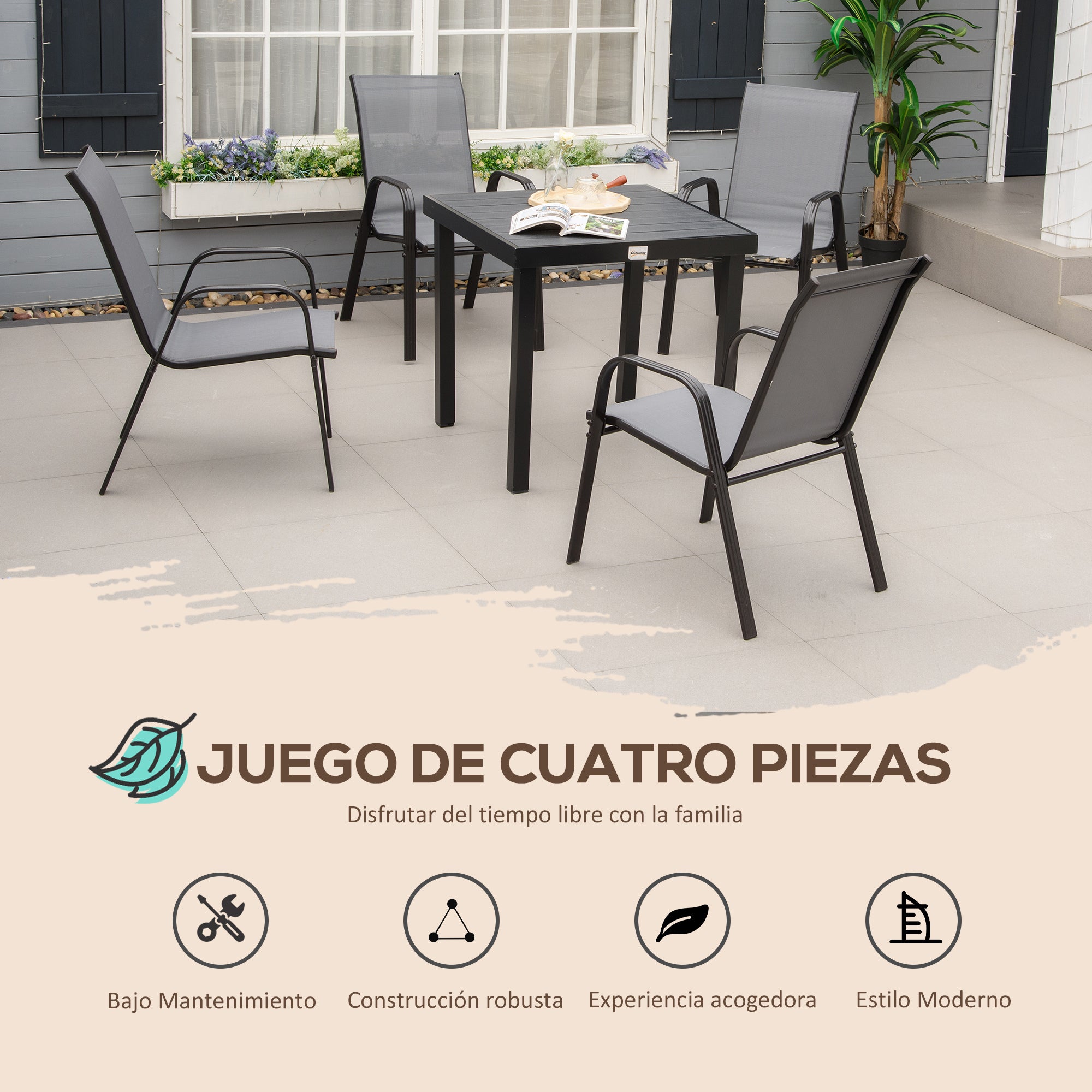 Set of 4 Garden Chairs Outdoor Terrace Chairs Stackable Dining Chair with Breathable Fabric Metal Frame Armrests and Backrest 54x75.5x95 cm Dark Gray
