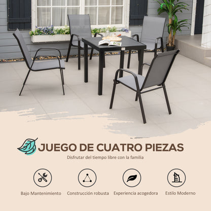 Set of 4 Garden Chairs Outdoor Terrace Chairs Stackable Dining Chair with Breathable Fabric Metal Frame Armrests and Backrest 54x75.5x95 cm Dark Gray