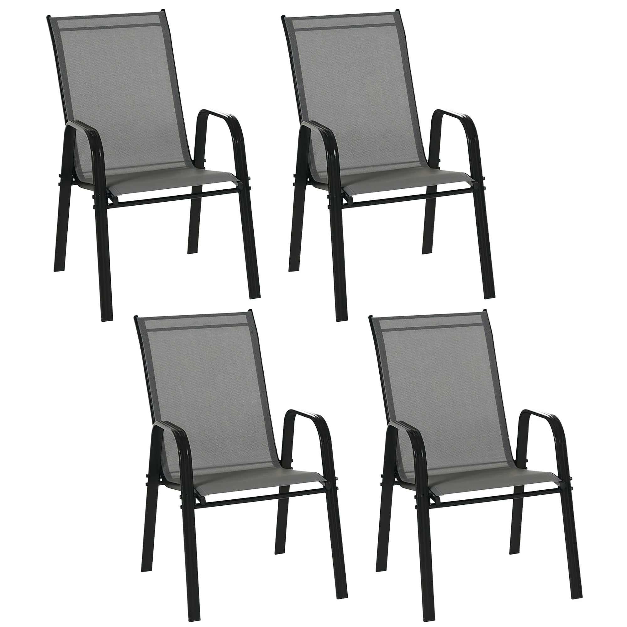 Set of 4 Garden Chairs Outdoor Terrace Chairs Stackable Dining Chair with Breathable Fabric Metal Frame Armrests and Backrest 54x75.5x95 cm Dark Gray