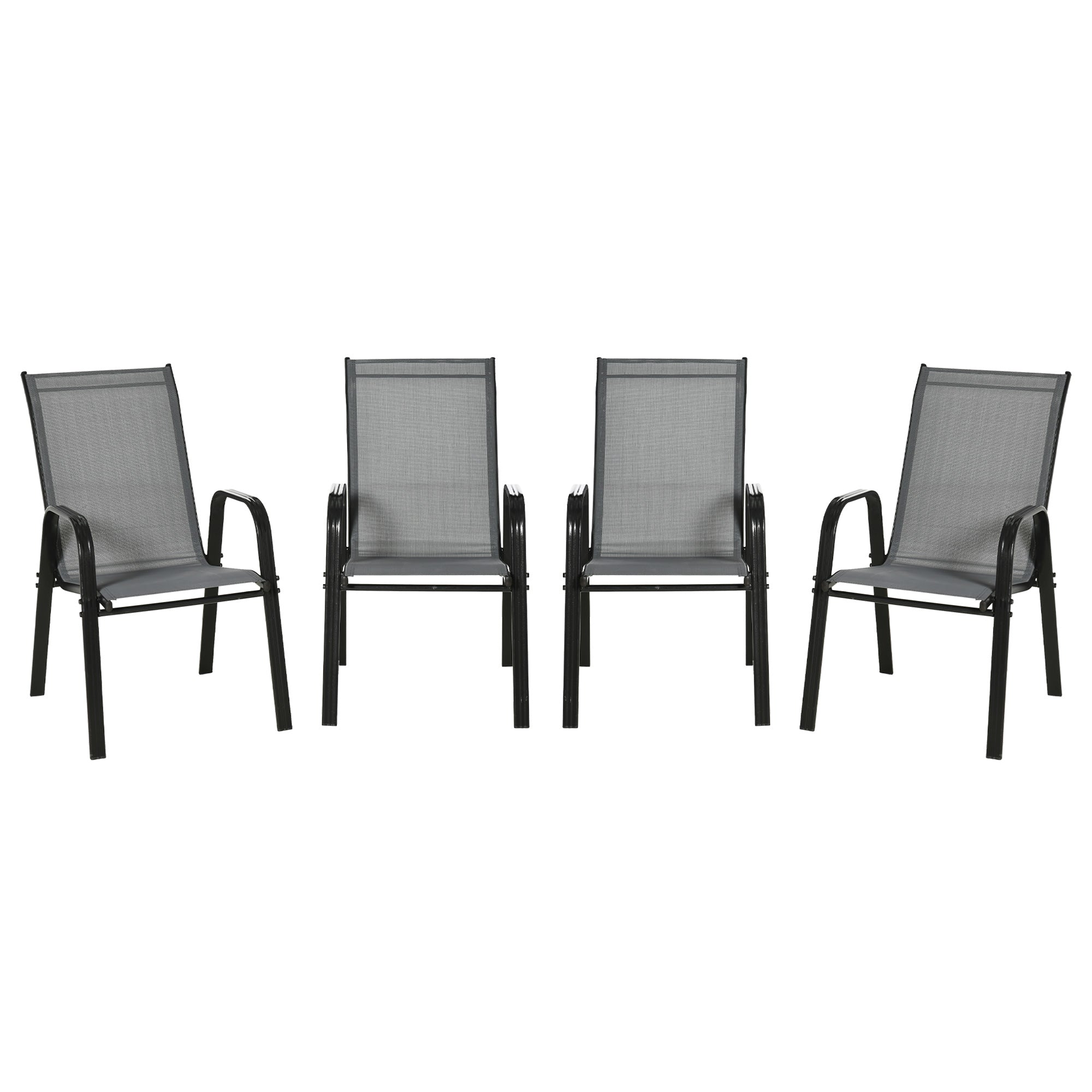 Set of 4 Garden Chairs Outdoor Terrace Chairs Stackable Dining Chair with Breathable Fabric Metal Frame Armrests and Backrest 54x75.5x95 cm Dark Gray